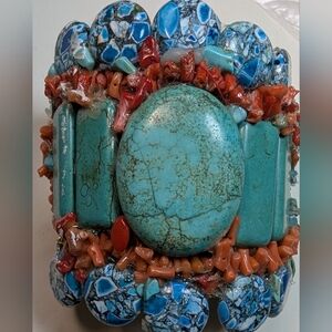 Wendy Gell bracelet turquoise and coral with Swarovski stones 3-in cuff.